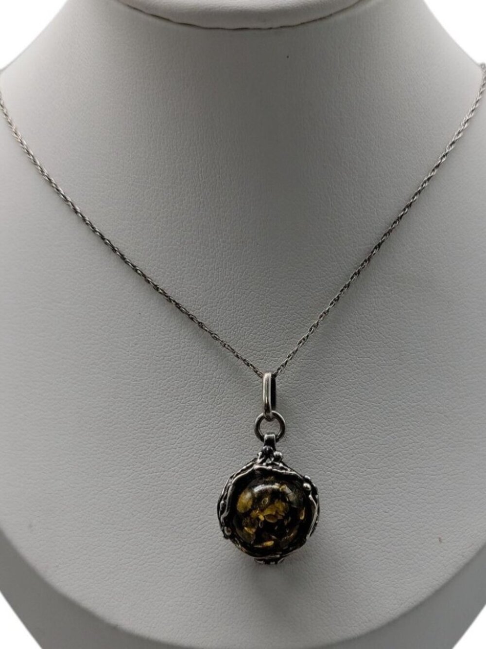 Sterling Silver Ornate Baltic Amber Pendant Necklace 925 Setting 18" Cable Chain - Picture 12 of 16